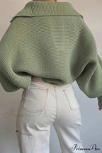 V Neck Puff Sleeve Sweater with Lapel