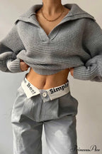 V Neck Puff Sleeve Sweater with Lapel