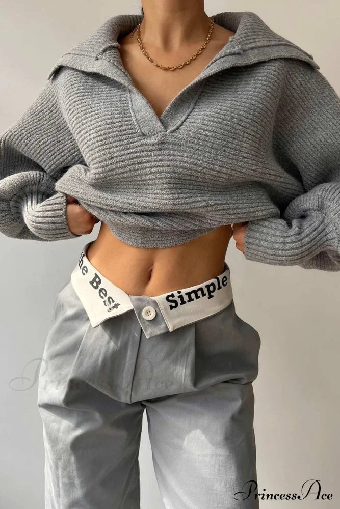 V Neck Puff Sleeve Sweater with Lapel