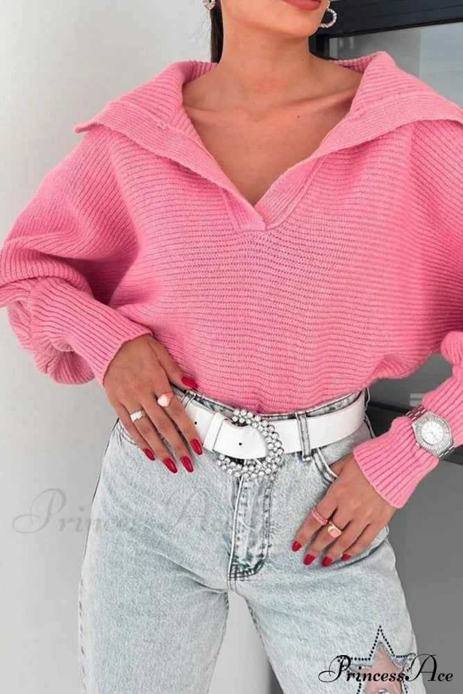 V Neck Puff Sleeve Sweater with Lapel