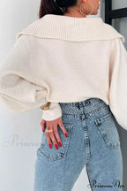 V Neck Puff Sleeve Sweater with Lapel