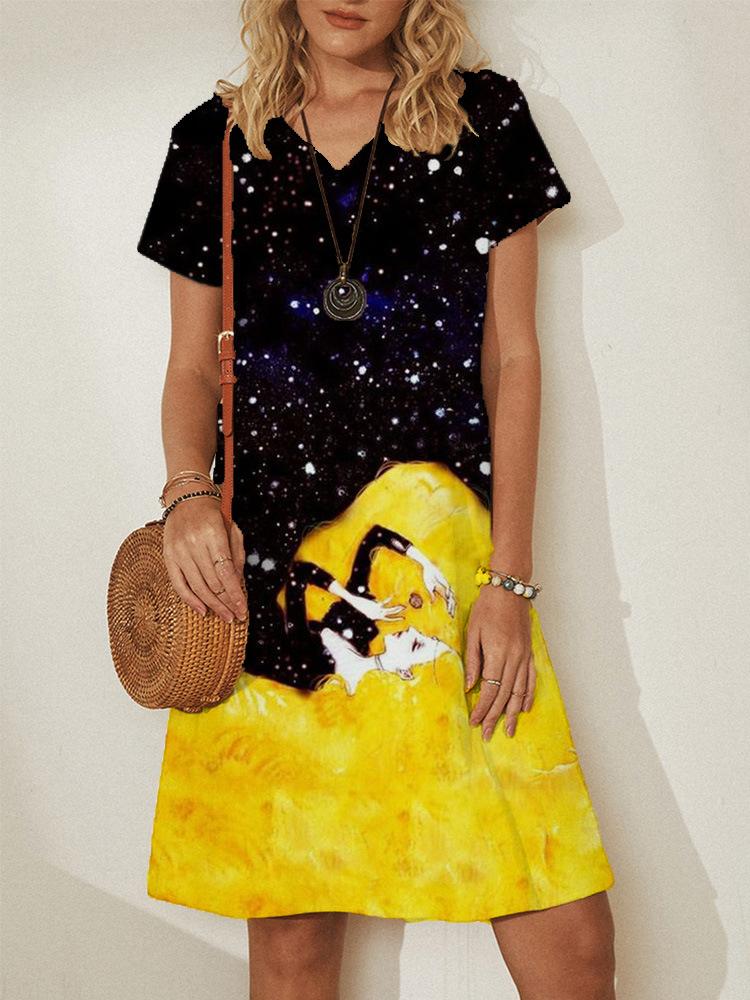 V neck Pullover Short Sleeve Loose Dress