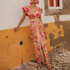 V Neck Retro Print Skirt Two Piece Set