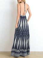 V neck Retro Print Suspender Long Dress