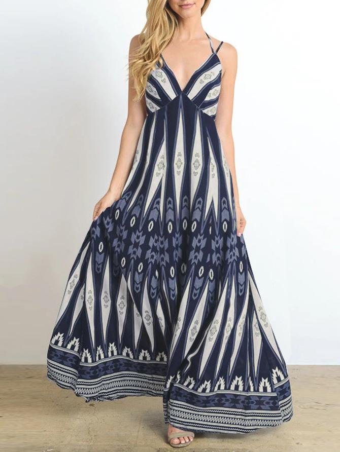 V neck Retro Print Suspender Long Dress