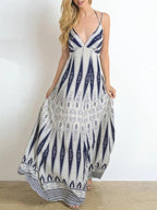 V neck Retro Print Suspender Long Dress