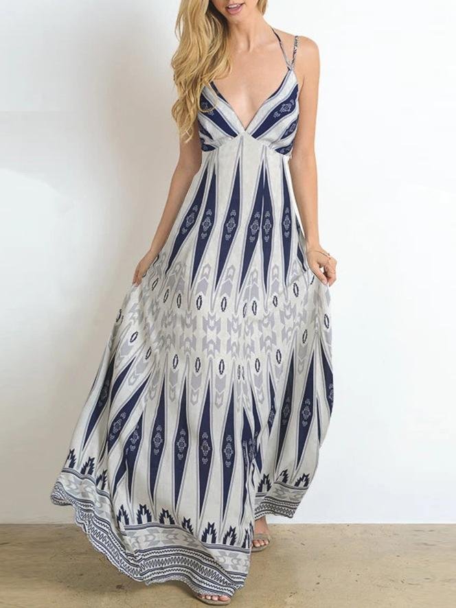 V neck Retro Print Suspender Long Dress