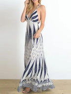 V neck Retro Print Suspender Long Dress