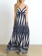 V neck Retro Print Suspender Long Dress