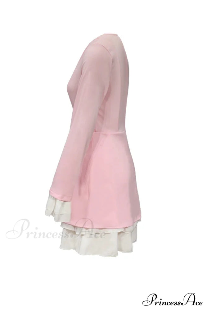 V Neck Ruffle Dress with Fake Two-Piece Design