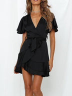 V neck Ruffled Belt Wrap Mini Dress