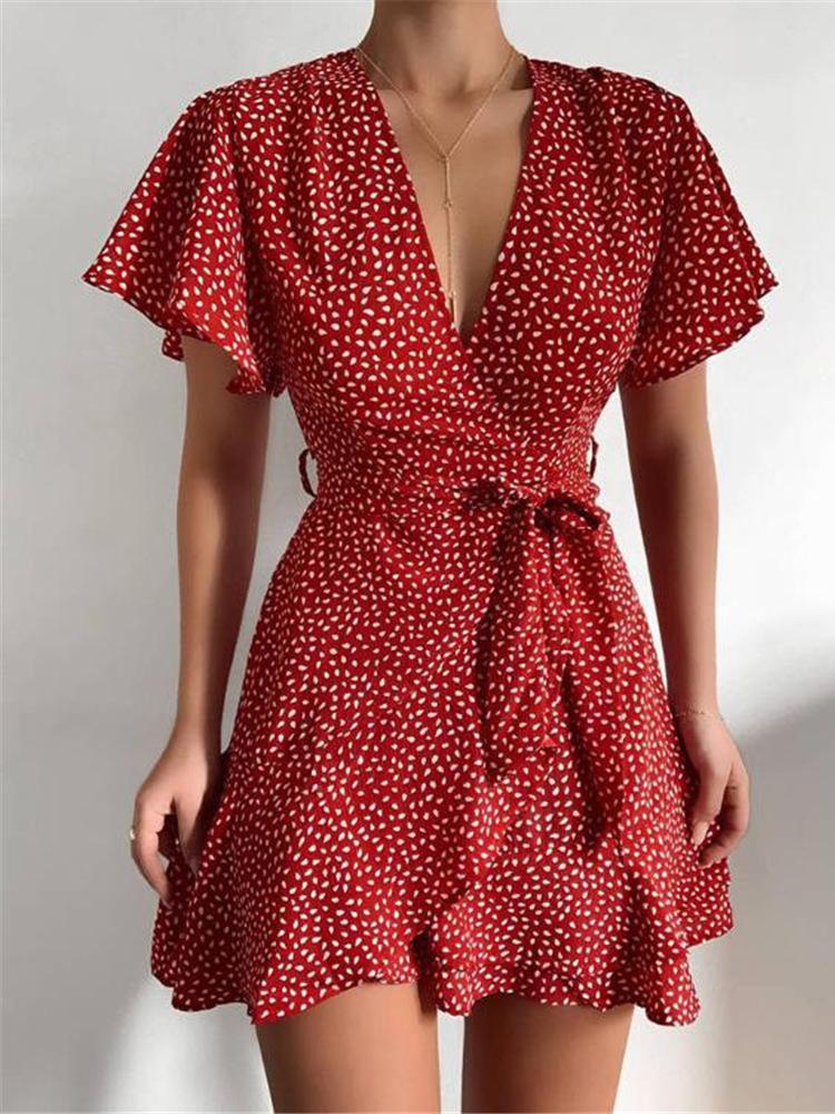 V neck Ruffled Belt Wrap Mini Dress