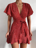 V neck Ruffled Belt Wrap Mini Dress