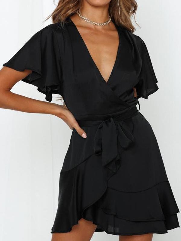 V neck Ruffled Belt Wrap Mini Dress