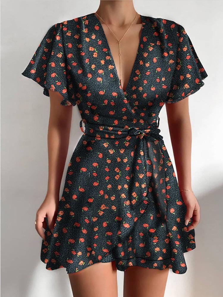 V neck Ruffled Belt Wrap Mini Dress