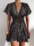 V neck Ruffled Belt Wrap Mini Dress