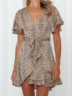 V neck Ruffled Belt Wrap Mini Dress
