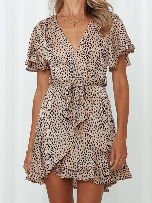 V neck Ruffled Belt Wrap Mini Dress