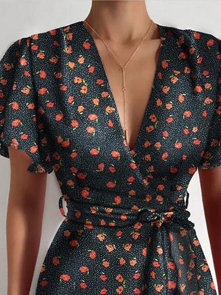 V neck Ruffled Belt Wrap Mini Dress