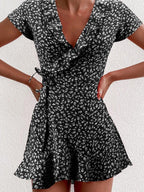 V neck Ruffled Lace up A line Dress