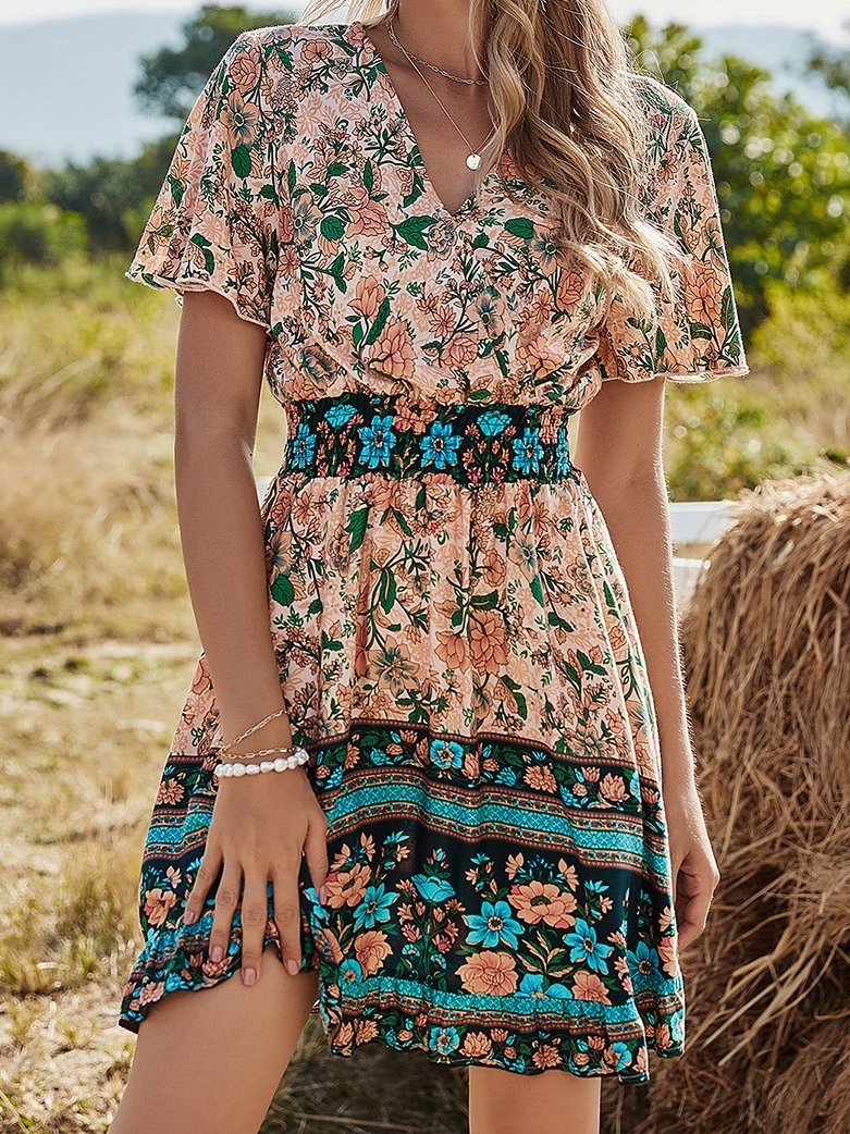 V Neck Short Sleeve Boho Print Dress