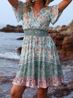 V Neck Short Sleeve Boho Print Dress