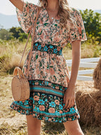 V Neck Short Sleeve Boho Print Dress