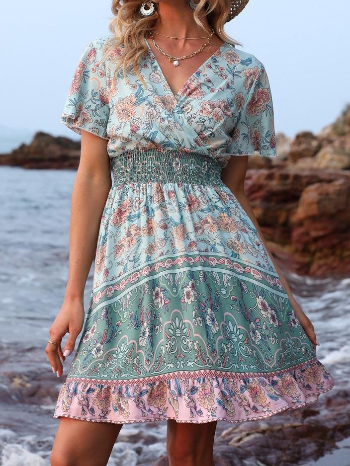 V Neck Short Sleeve Boho Print Dress