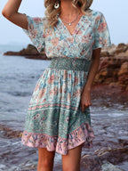 V Neck Short Sleeve Boho Print Dress