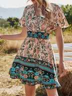 V Neck Short Sleeve Boho Print Dress