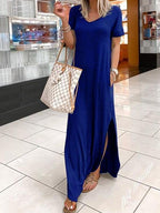 V Neck Short Sleeve Casual Pocket Dress