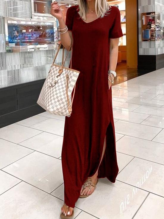 V Neck Short Sleeve Casual Pocket Dress
