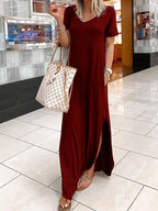 V Neck Short Sleeve Casual Pocket Dress