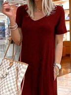 V Neck Short Sleeve Casual Pocket Dress