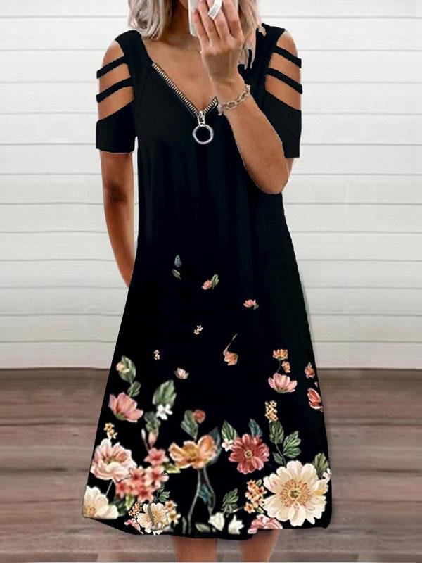 V neck Short Sleeve Casual Zipper Loose Dress