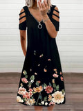 V neck Short Sleeve Casual Zipper Loose Dress