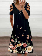 V neck Short Sleeve Casual Zipper Loose Dress