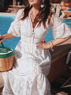V neck Short Sleeve Hollow Lace Dress