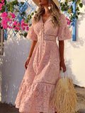 V neck Short Sleeve Hollow Lace Dress