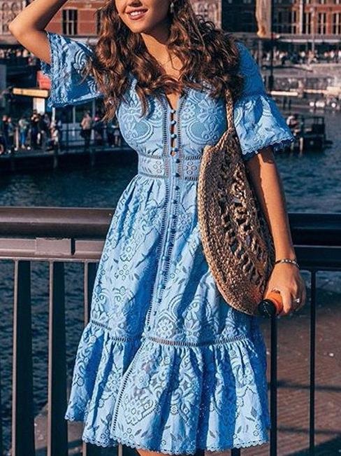 V neck Short Sleeve Hollow Lace Dress
