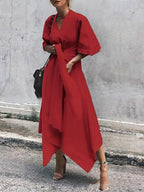 V Neck Short Sleeve Irregular Maxi Dress