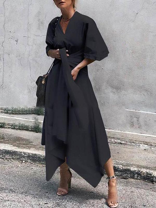 V Neck Short Sleeve Irregular Maxi Dress