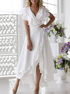 V Neck Short Sleeve Ruffled Elegant Dress