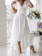 V Neck Short Sleeve Ruffled Elegant Dress