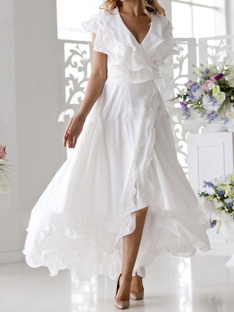 V Neck Short Sleeve Ruffled Elegant Dress