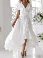 V Neck Short Sleeve Ruffled Elegant Dress