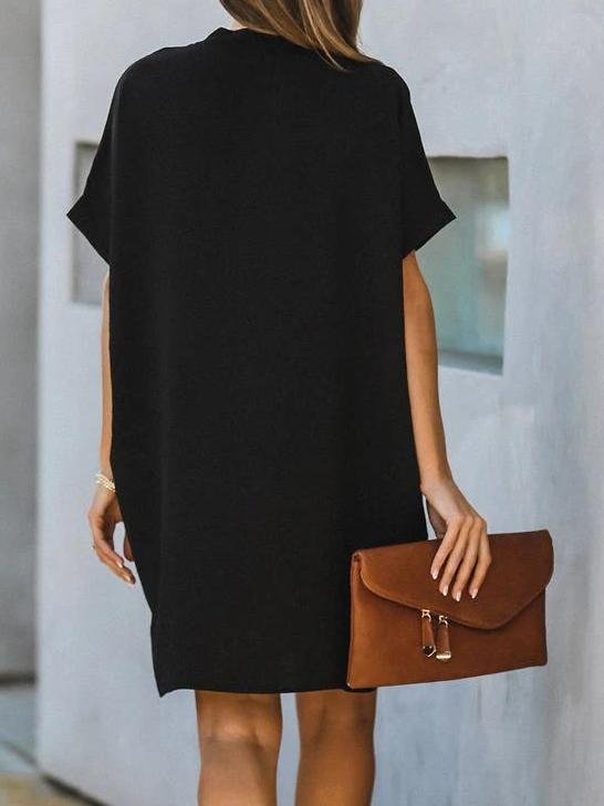 V neck Short Sleeve Solid Color Loose Dress