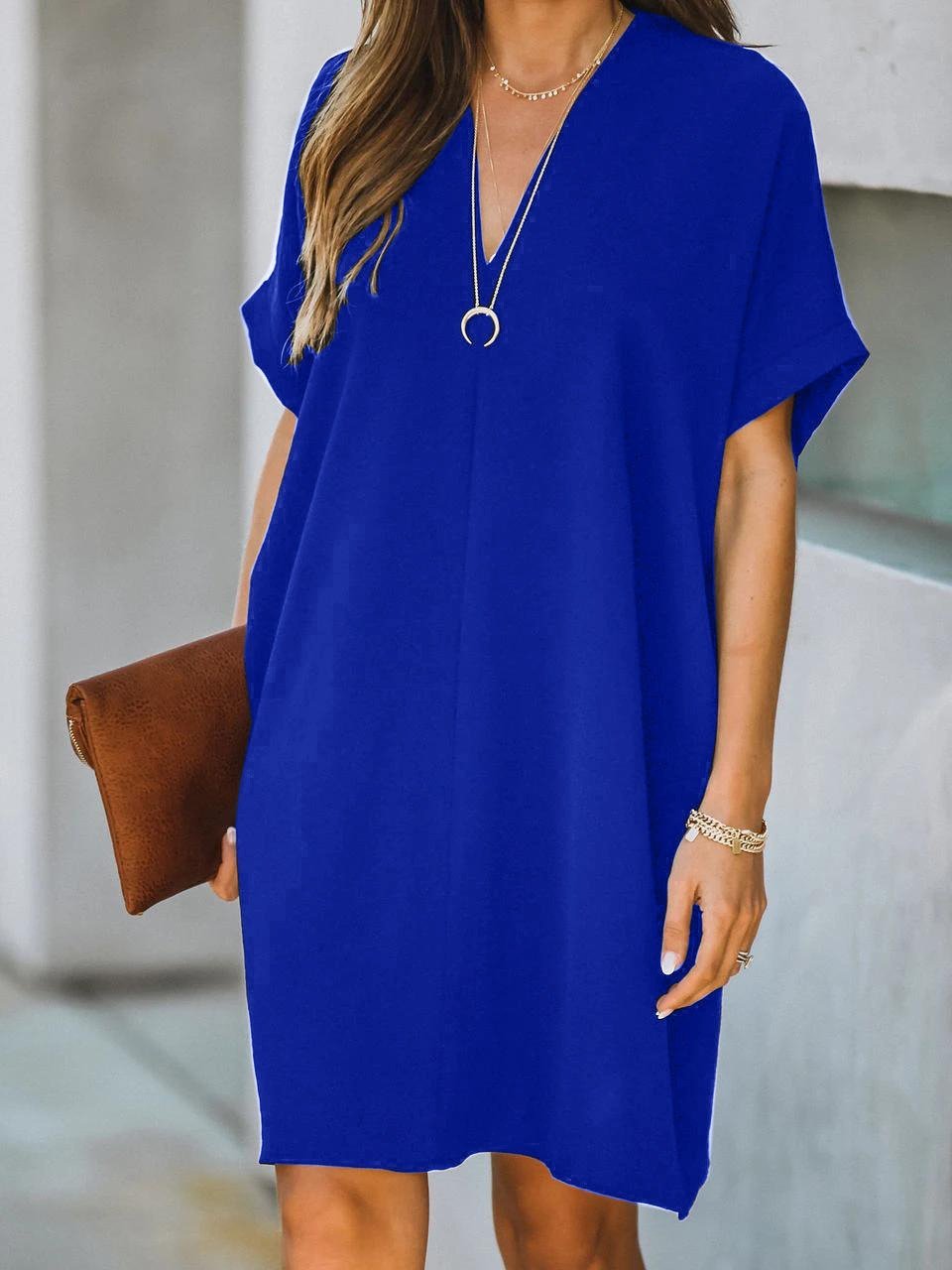 V neck Short Sleeve Solid Color Loose Dress