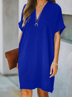 V neck Short Sleeve Solid Color Loose Dress