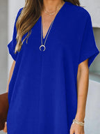 V neck Short Sleeve Solid Color Loose Dress